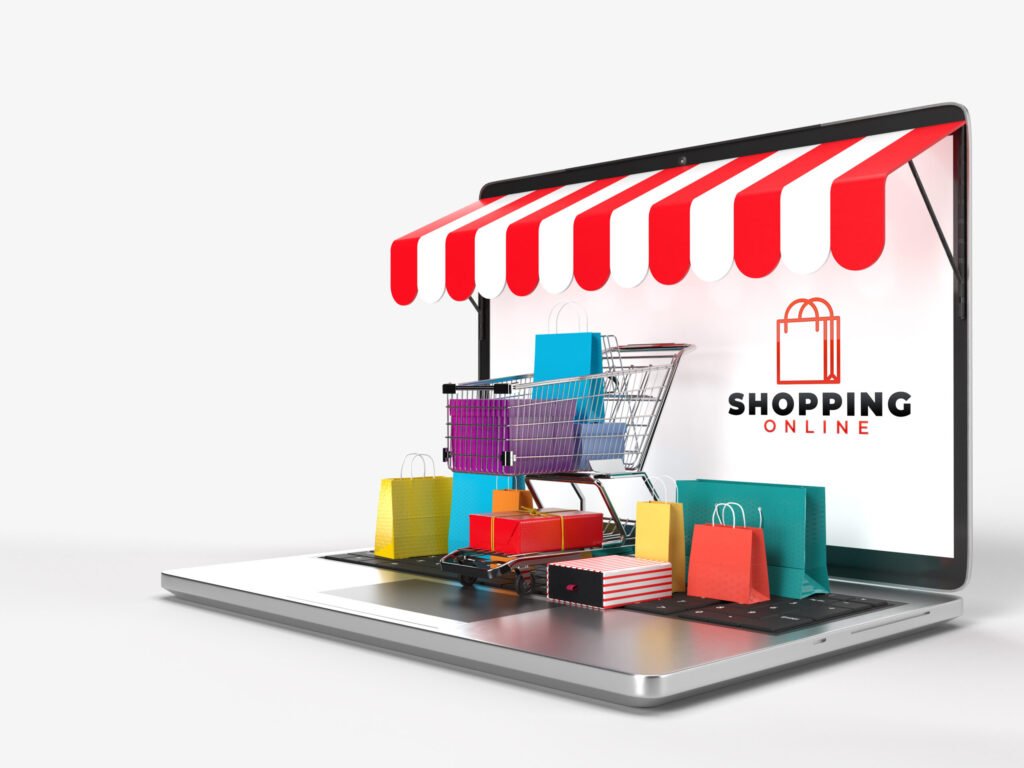 shopping cart shopping bags product box put laptop which is online shop store internet digital market concept marketing digital marketing communication 3d rendering